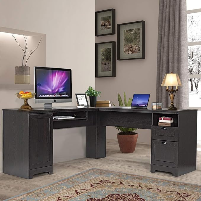 GOFLAME 66 Inch L-Shaped Computer Desk Spacious Corner Desk w/Drawers Cabinet &amp Keyboard Tray Executive Office Desk Study Gaming Workstation for Home Office (Coffee)