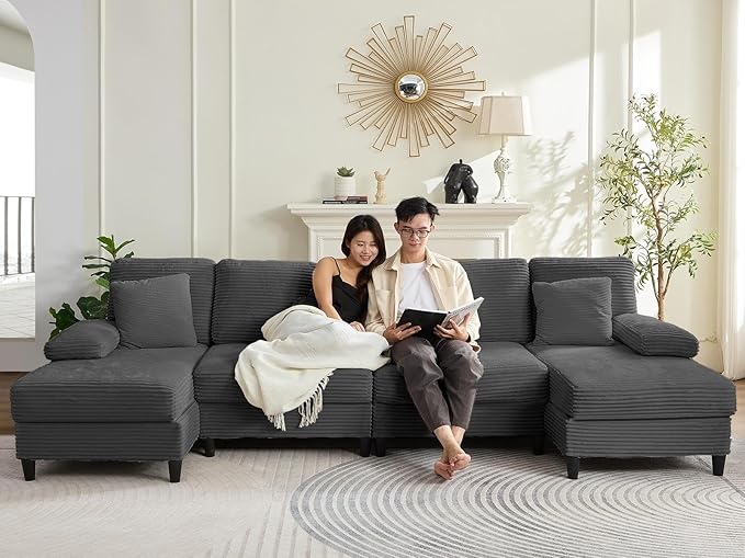 Mjkone 112 Width 4 Seater U Shaped Sofa Couch with Double Chaises Sectional Living Room Sofa Couches with Sleepable Armrest Corduroy Sleeper Sofas Couch Set for Living Room Sets Furniture Dark Grey