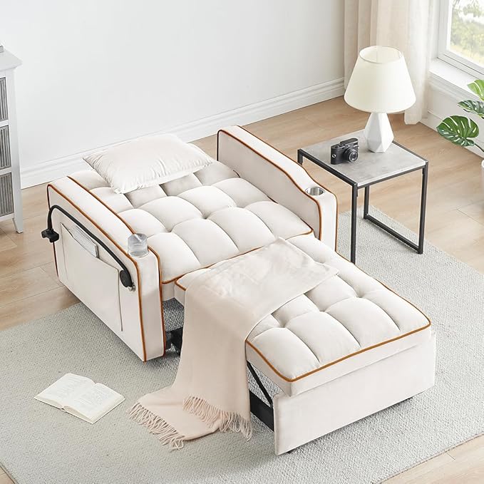 3 in 1 Convertible Sleeper Chair Modern Pull Out Couch Bed Single Recliner with Adjustable Back Velvet Futon Folding Sofa Bed Chair for Living Room Bedroom Small Spaces (Creamy White-2)