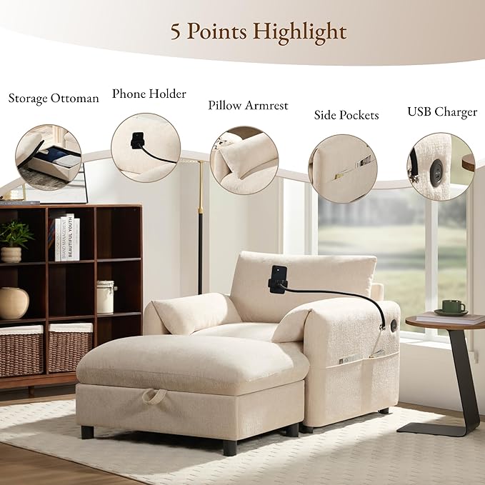 Oversized Accent Sofa Chair with Ottoman Chaise Lounge Chair with Phone Holder USB Charger Side Pockets Chenille Reading Armchair for Living Room Bedroom (Beige)