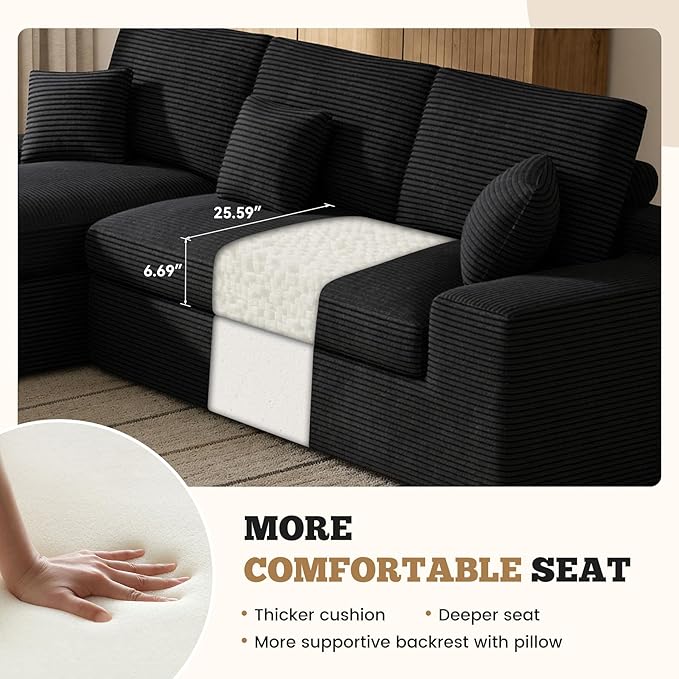 112 Modular Sectional Sofa for Living Room Convertible L-Shape Couch with OttomanCloud Boneless Couch with Layered CushionBlack Corduroy