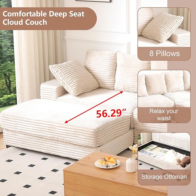 108 Oversized Sectional Sofa Modular Deep Seat Sofa Couch with Storage Ottoman Modern Comfy Upholstered Cloud Couches L-Shaped Corduroy Sofa Chaise with 8 Pillows for Living Room Light Beige