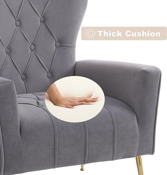 Velvet Accent Chair with OttomanUpholstered Tufted Wingback Arm Chair Modern Decorative Chairs with Gold Metal Legs for Bedroom Living Room (Grey1 Chair)