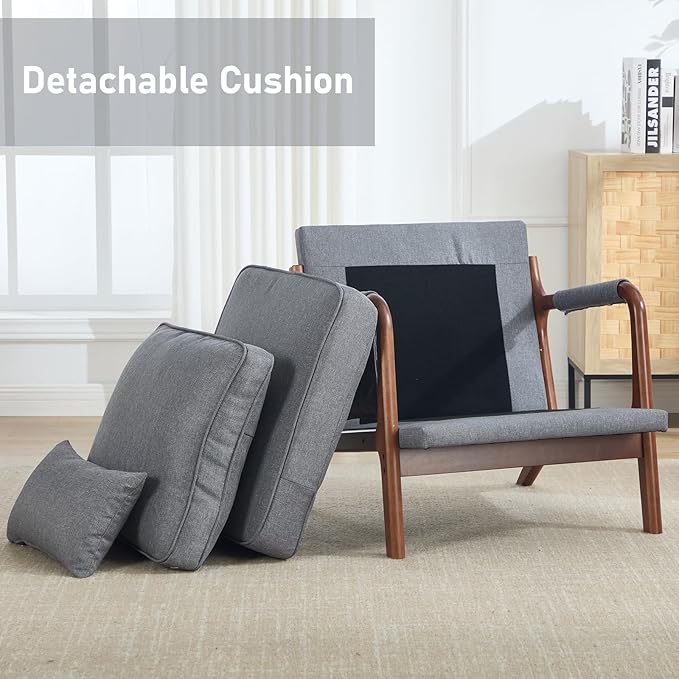 ANJ Mid Century Modern Accent Chair Lounge Reading Armchair with Extra Side Pocket &amp Detachable Cushion Comfy Fabric Accent Chairs for Living Room BedroomGrey