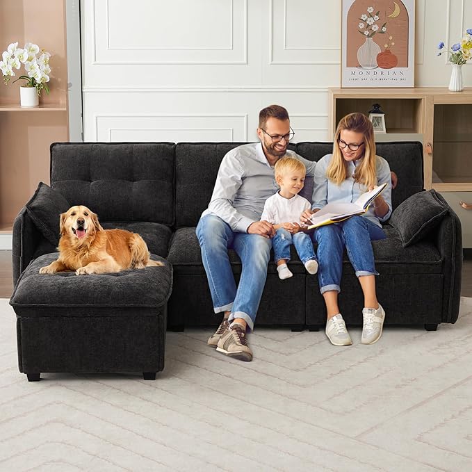 98'' Modular Sectional Cloud Couch with Movable Ottoman 3-Seater Chenille Deep Seat Sofa with Throw Pillows L Shaped Sectional Couches for Living Room Apartment(Black 3-seat)