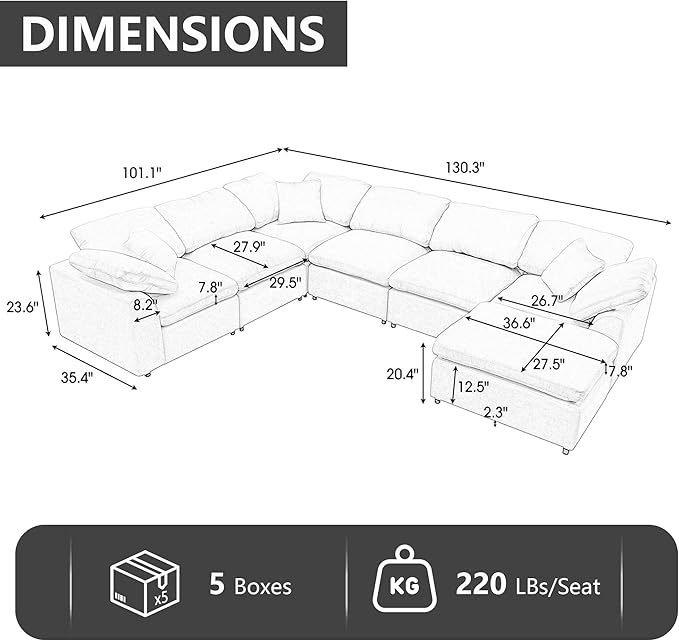 Oversized Modular Sectional Sofa U Shaped Couch with Movable Ottoman Large 7 Seater Corner Sofa for Living Room Office Spacious Space (Gray)