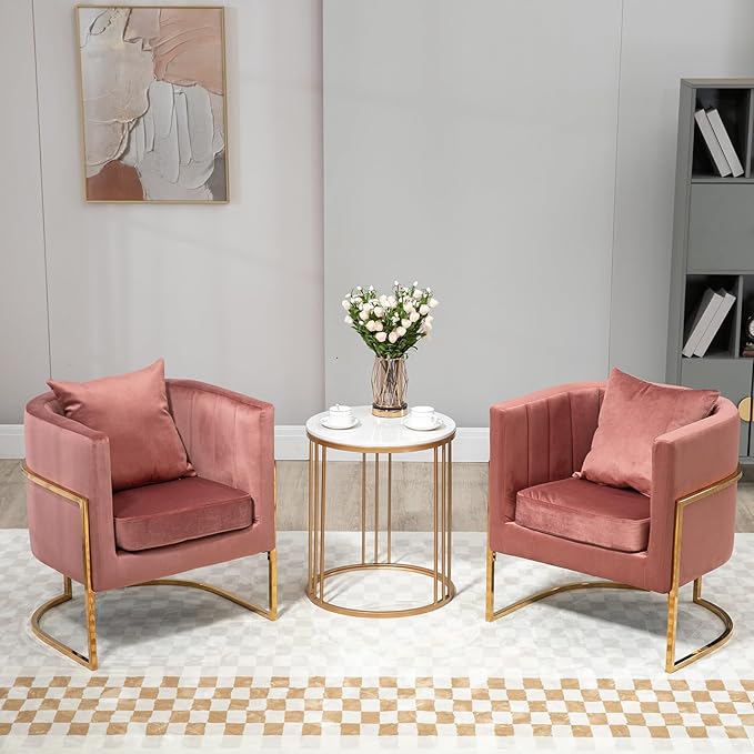 Velvet Modern Accent Chair Upholstered Barrel Armchair Mid Century with Pillow for Living Room Comfy Single Vanity Chair with Metal Gold Legs for Bedroom Pink