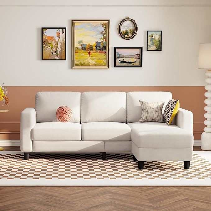 73 Small Sectional Sofa with Reversible Chaise Linen Fabric L-Shaped Couch with Solid Oak &amp Iron FrameHigh-density Sponge Spring Seat CushionRemovable Sofa Cover Compact Apartments and Studios