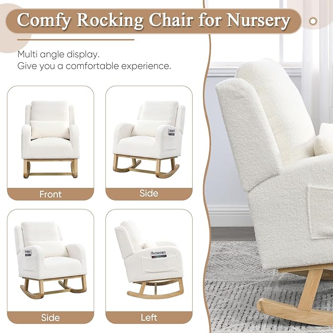 Antetek Rocking Glider Chair for Nursery Wingback Accent Rocker Chair Upholstered Tall Back Arm Chair w/Side Pockets Modern Leisure Single Sofa for Living Room Hotel Bedroom Baby Room Cream
