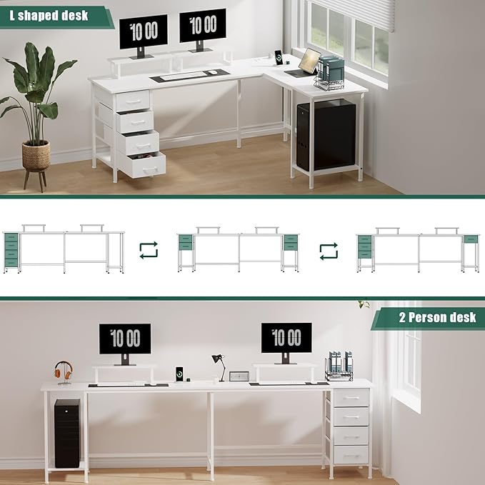 66 L Shaped Computer Desk 94.4'' Home Office Desk with Power Outlets 4 Adjustable Storage Drawers &amp 2 Monitor Stands Large Two Person Gaming Table for Writing Study White