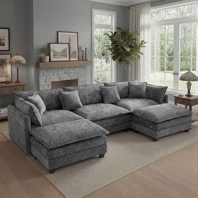 113.4 L-Shaped Modular Sectional Sofa with Ottoman Comfy Cloud Couch with Deep Seat (23.6 D) Solid Wood FrameBeige/Gray/Blue/Black for Living Room Small Apartment (Grey 3 Seat)