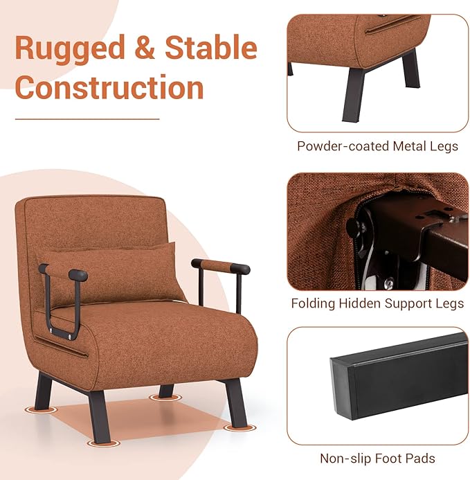 HOMGX 4-in-1 Convertible Sofa Chair Bed Leisure Recliner Sleeper w/ 6 Adjustable Position Backrest Lounge Seat Folding Sofa Bed w/High Elastic Sponge Ideal for Home Office (Coffee)