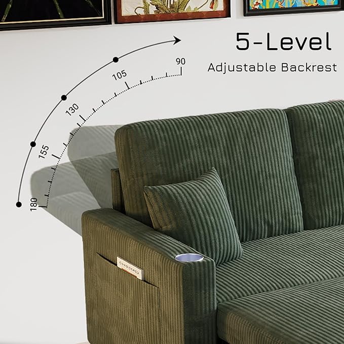 Rovibek 83 Convertible Sofa Bed Couch with Storage &amp USB Port – 4 in 1 L Shaped Sofa with Pull Out Couch Bed Side Table Cup Holder for Living Room Apartment Office Small Spaces Green