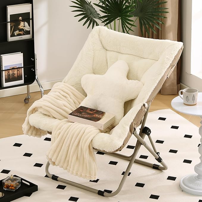 Welnow Comfy Saucer Chair Oversized Folding Reading Chair for Adults with Throw Pillow Soft Faux Fur Lounge Chair for Bedroom Furry Accent Chair for Living Room Dorm Rooms Beige