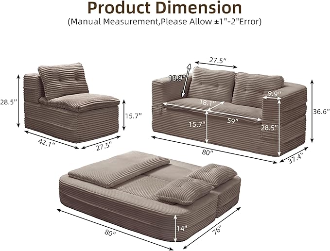 Sleeper Sofa with Chaise Lounge Convertible Sectional Couch Bed Plush Corduroy 3-Seat Sofa with Blanket Deep Seat King Size Sleeper for Small Apartment No Assembly Required (Coffee)