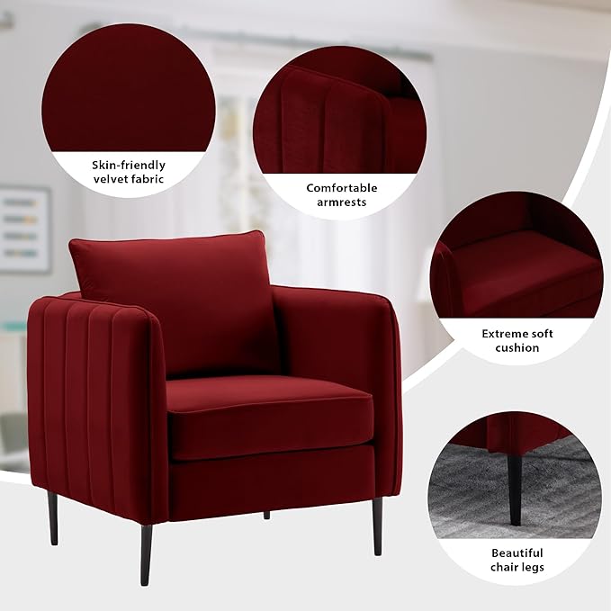 Velvet Accent Chair Comfy Upholstered Armchair Living Room Reading Chair with Metal Legs for Living Room Bedroom Office (Red Chair)