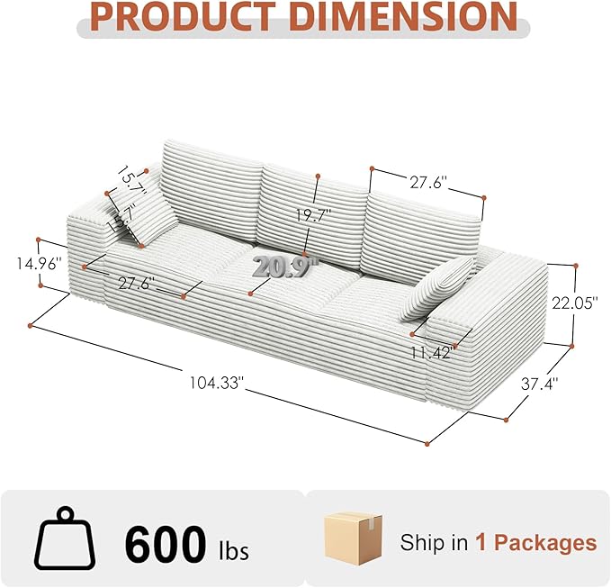Corduroy Cloud Modular Sectional Couch Boneless Memory Foam Sectional Sofa Comfy L-Shaped Compression Couches with Chaise for Living Room No Assembly Required(Beige 3-Seater)