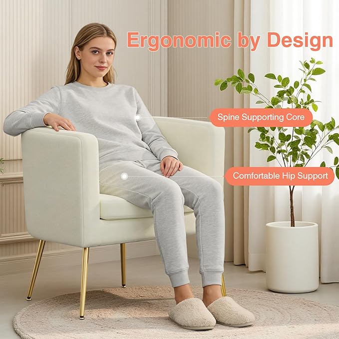 Velvet Accent Chair Set of 2 Modern Barrel Armchair with Lumbar Pillow &amp Gold Legs Upholstered Club Chairs for Living Room/Bedroom/Guest Reception White
