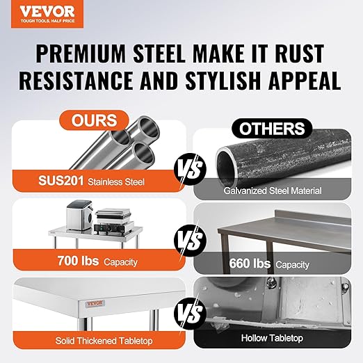 VEVOR Stainless Steel Work Table 30 x 12 x 34 Inch 700 LBS Load Capacity with 4 Wheels 3 Adjustable Height Levels Heavy Duty Food Prep Worktable for Commercial Kitchen Restaurant Silver