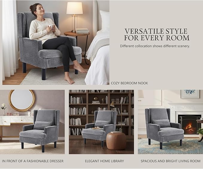 Accent Chairs Set of 2 for Living Room Chairs Modern Accent Chair Oversized Reading Chair for Living Room Sofa Chair with High Back and Wood Legs Upholstered Armchair Comfy Chair for Bedroom (Grey)