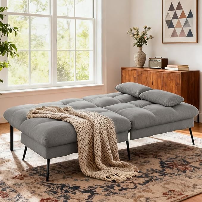 COMHOMA Convertible Futon Sofa Bed 72″Fabric Futons Couch with Adjustable Backrest Folding Sleeper Recliner for Living Room Furniture (Grey)