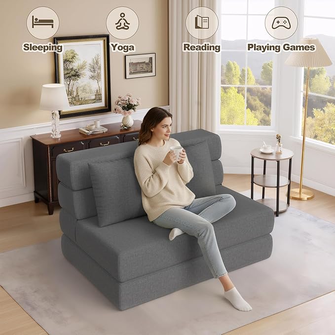 Folding Sofa Bed Convertible Sleeper Chair &amp Couch Bed with Pillow One-Piece High-Density Sponge Mattress Multi-Purpose Floor Sofa for Living Room Office Dorm Apartment Grey Single