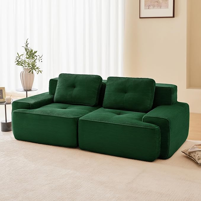 82 Modern Compressed Boneless Love Seat Couches 2 Seater Large Sectional Couches for Living Room Green Corduroy Cloud Modular Sectional Sofa Memory Foam Extra Deep Loveseat No Assembly