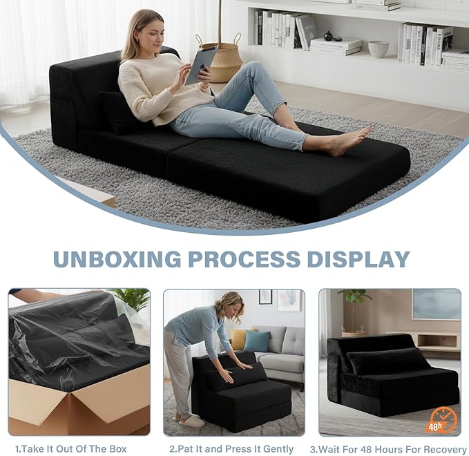 Tiita Convertible Folding Sofa Bed Single Size for Adults with Pillow Plush Fabric Floor Mattress Couch Bed Washable Cover &amp Side Pocket Guest Room Dorm Apartment Living Room Black