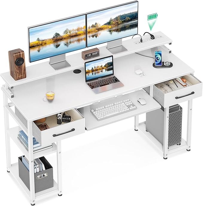 ODK Computer Desk with Drawers 55 Inch Office Desk with Power Outlet and Keyboard Tray &amp Storage Shelves &amp PC Stand Office Table Work Desk with Monitor Stand White