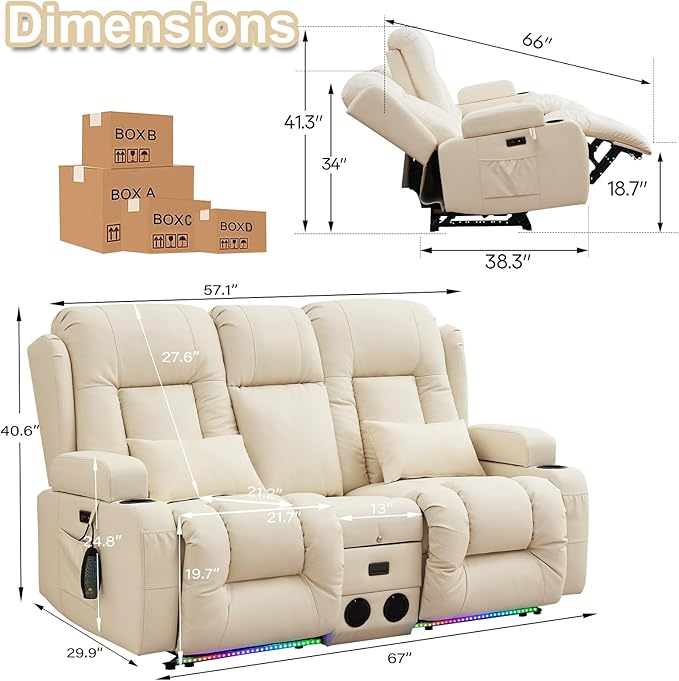 TUNYI Power Loveseat Recliner Sofa with Massage &amp Heat Home Theater Seating with Console RV Recliner Loveseat Sofa with USB/Storage/Side Pocket/LED Light/Speaker (Cream White Loveseat)