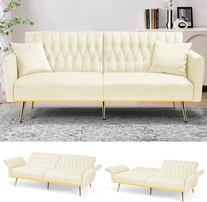 70 Velvet Futon with Adjustable Backrest and Armrests Sofa Bed with Extra Pillows for Waiting Room Living Room and Office Beige