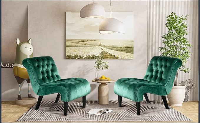 KINFFICT Velvet Accent Lounge Chair for Living Room Modern Leisure Chair with Tufted Backrest Indoor Armless Side Chair Upholstered Bedroom Sleeper Chairs with Solid Wood Legs