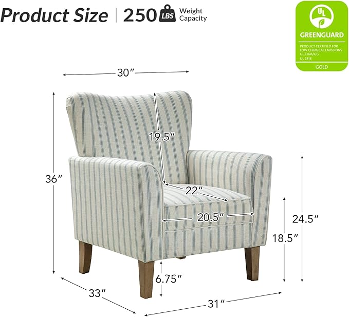 HULALA HOME Farmhouse Wingback Accent Chair Upholstered Striped Armchair with Solid Wood Legs Thick Seat Cushion for Living Room or Bedroom Blue