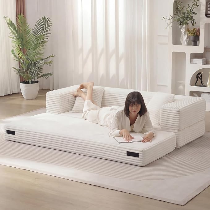 GNIXUU 78.7 Boneless Convertible Sleeper Sofa Bed 4-in-1 Folding Corduroy Futon Couch Bed Oversized Loveseat Modular Floor Mattress Couch for Living Room Bedroom Lounge No Assembly Beige