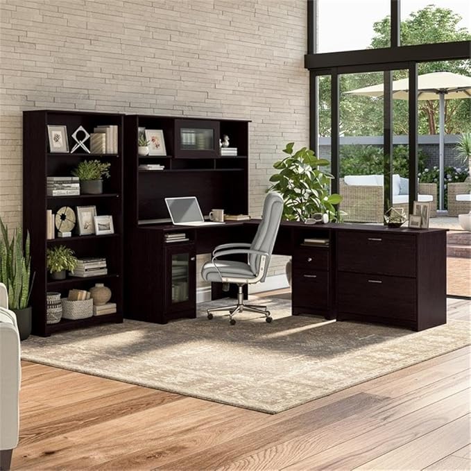 BOWERY HILL L Shaped Engineered Wood Computer Desk 60W x 60D x 30H Espresso Oak Finish Built-in Wire Management Storage Cabinet with Fluted Glass Door File Drawer Home Office Desk