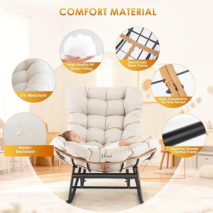 GAOMON Papasan Rocking Chair with Foot Rest and Thick Waterproof Cushion Ergonomic Papasan Chair with Metal Frame &amp PE Rattan Lounge Chairs for Patio Garden Lawn Living Room and Relaxation Spac