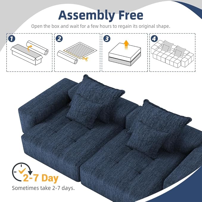 113'' Cloud Couch Modular Sectional Sofa Oversized Loveseat Compression Boneless Sofa with Deep Seat Chenille Sleeper Chaise Longue Minimalist Couches for Living Room Blue