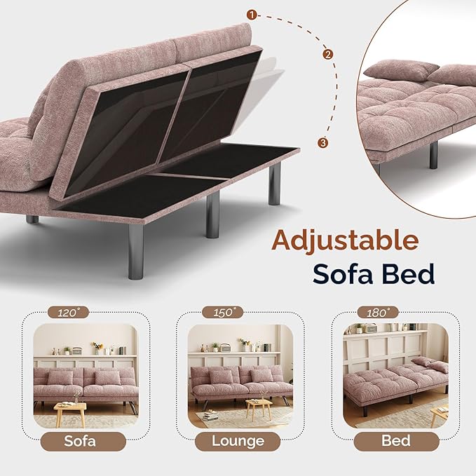 Futon Sofa Bed Convertible 70 inch Solid Wood Couch for Living Room Chenille Fabric 2 Cushions (Pink)
