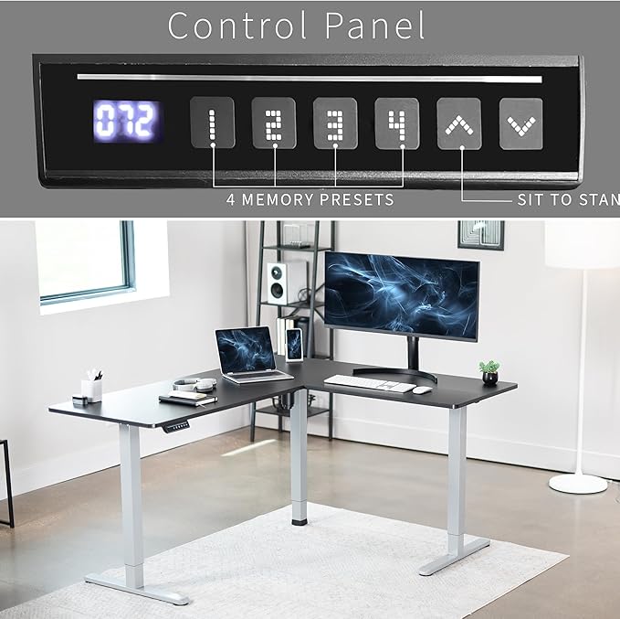 VIVO Corner Standing Desk 63 x 55 inch Reversible L-Shaped Workstation Electric Height Adjustment Home Office and Reception Rooms Black Table Top Gray Frame DESK-E3CTGB