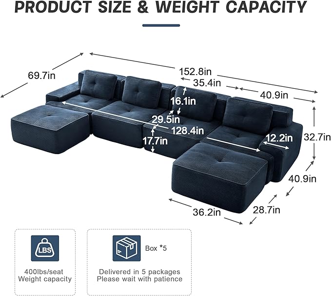Modern U Shaped Boneless Couch with Ottoman 152.7” Oversized 6 Seater Modular Sectional Sofa Comfy Corduroy Cloud Sleeper Sofa with Deep Seat Upholstered Couches for Living Room Apartment Blue