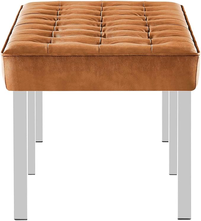 Modway Loft Tufted Button Faux Leather Upholstered Large Accent Bench in Silver Tan