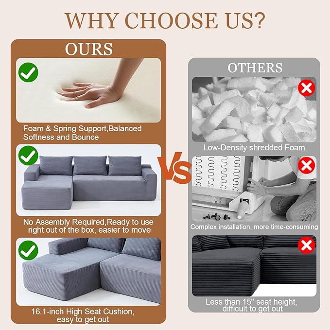 97 Cloud Sectional Couch Modern Boneless Couch with L-Shape Chaise Deep Seat Modular Sectional Sofa Corduroy Corner Foam Couches for Living RoomNo Assembly Required(Gray Right Chaise)