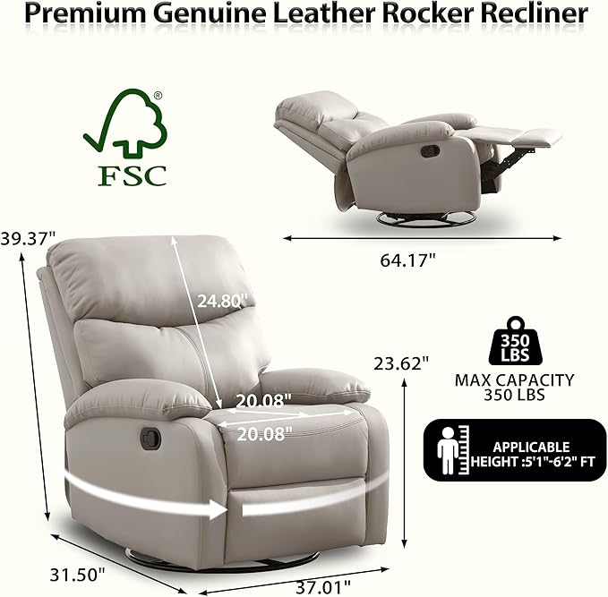 Genuine Leather Swivel Recliner Rocking Reclining Chair for Heavy Duty Adults 350LBS Manual Swivel Rocker Recliner Chair for Living Room Bedroom RV Nursery Beige