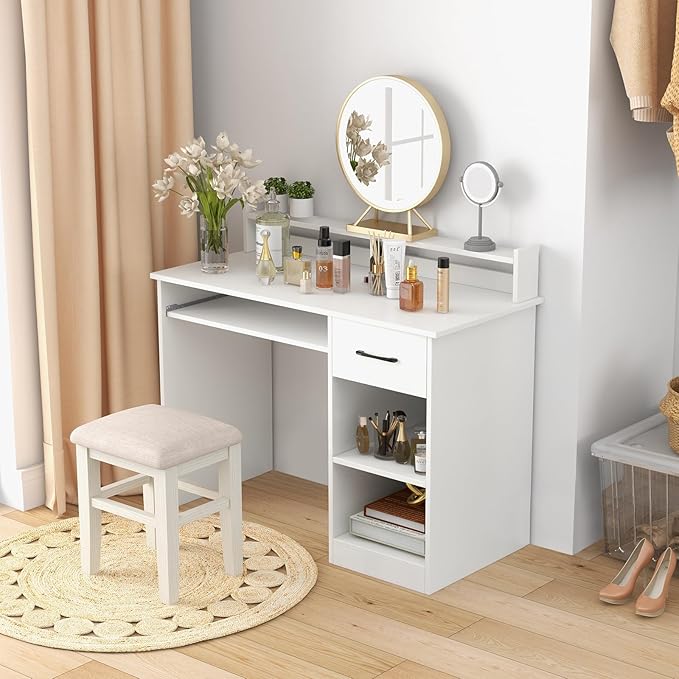 Tangkula White Desk with Drawer &amp Keyboard Tray 22 Inch Wide Modern Study Writing Desk with Desktop Hutch &amp Storage Shelves Home Office Desk for Teens Wood PC Laptop Desk Desk for Bedroom
