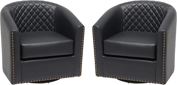 KINWELL 50 Faux Leather Upholstered Loveseat Sofa with 2 Swivel Barrel Accent Chairs Minimalist Comfy 2-Seater Couch and Armchair for Small Spaces Apartment Black