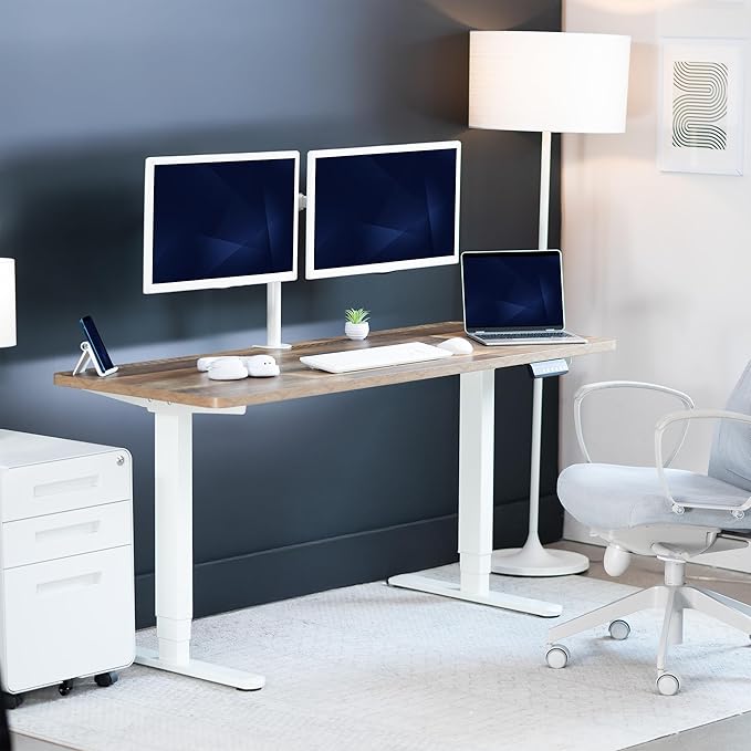 VIVO Electric 60 x 24 in Dual Motor Sit Stand Desk Memory Height Adjustment 2B Series Reclaimed Wood Top White Frame DESK-KIT-2W6P