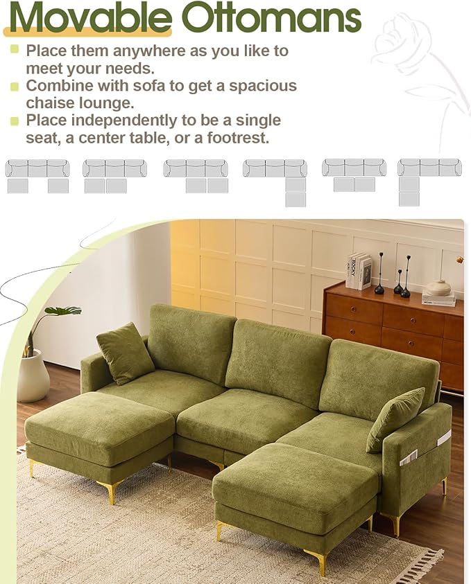 Karl home 99.6 Sectional Sofa U-Shaped Chenille Upholstered Couch with 2 Movable Ottomans 3-Seater Cloud Couches Comfy Deep Seat Sofa for Living Room Apartment Office Green