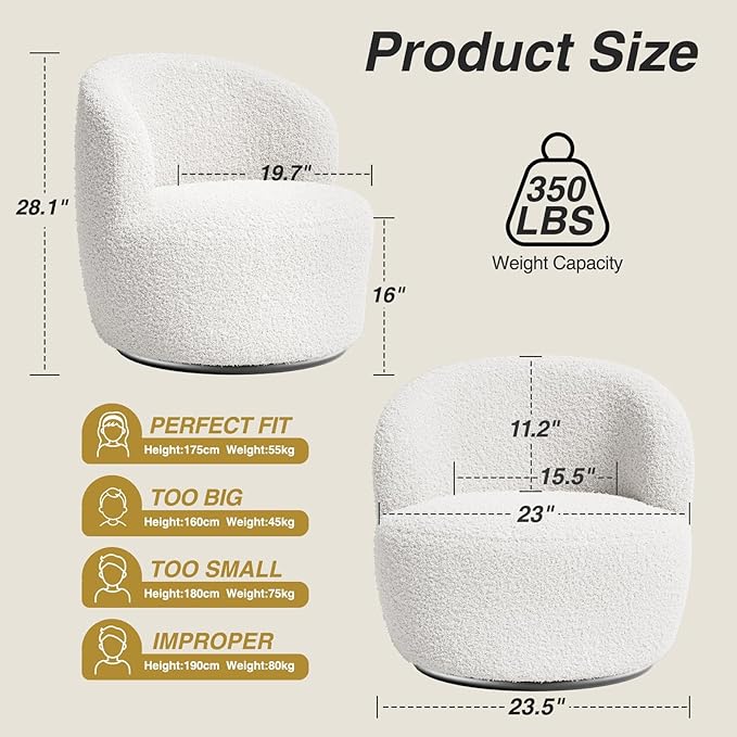 Swivel Accent Chair Set of 2 360° Small Round Barrel Chairs Modern Cozy Sherpa Padded Armchair for Living Room Bedroom Waiting Room Office White