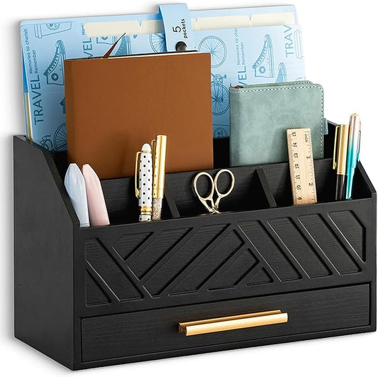 Black Wood Desk Organizer and Accessories with Drawer Bill Mail Organizer and File Mail Holder for Office Supplies Modern Desk Accessories &amp Workspace Organizers for Desk Organization