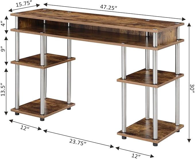 Convenience Concepts Designs2Go No Tools Desk Home Office Desk with Shelves Corner Shelf Vanity Desk Computer Desk Nail Table for Nail Tech - 47.25 L x 15.75 W x 30 H Barnwood